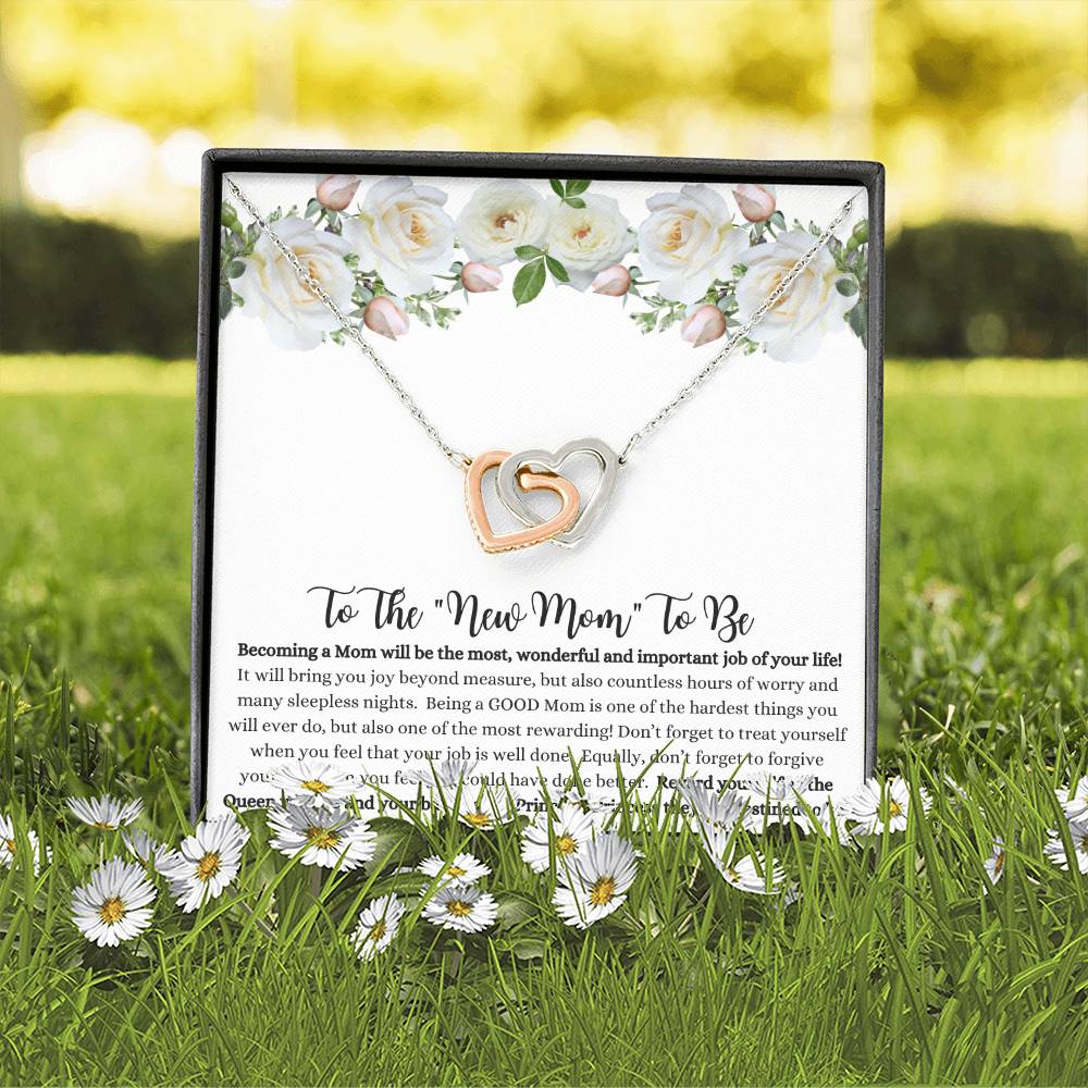 She will tear- up when she opens the box and reads this!  "To The New Mom To Be "- Interlocking Hearts Necklace