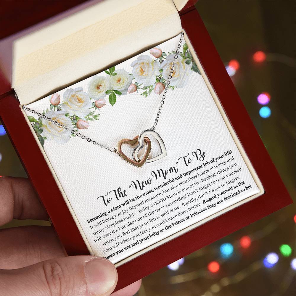 She will tear- up when she opens the box and reads this!  "To The New Mom To Be "- Interlocking Hearts Necklace