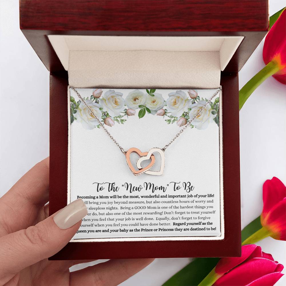 She will tear- up when she opens the box and reads this!  "To The New Mom To Be "- Interlocking Hearts Necklace