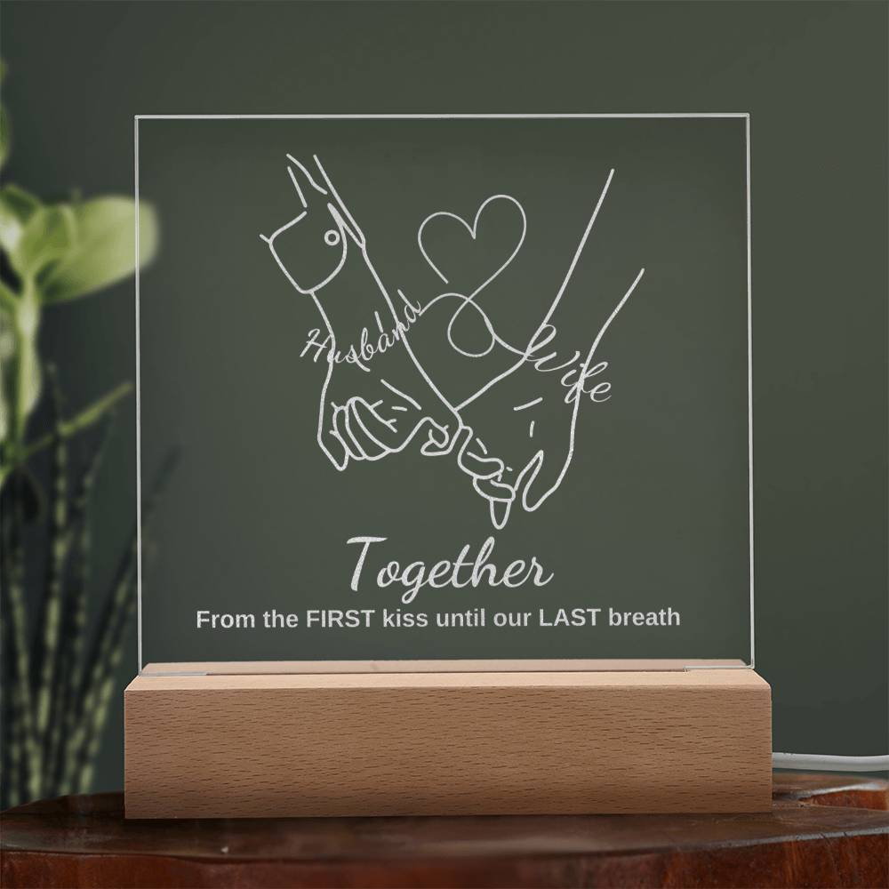 "They cried when they saw this!"  TOGETHER, Engraved Square Acrylic Plaque with LED Base.