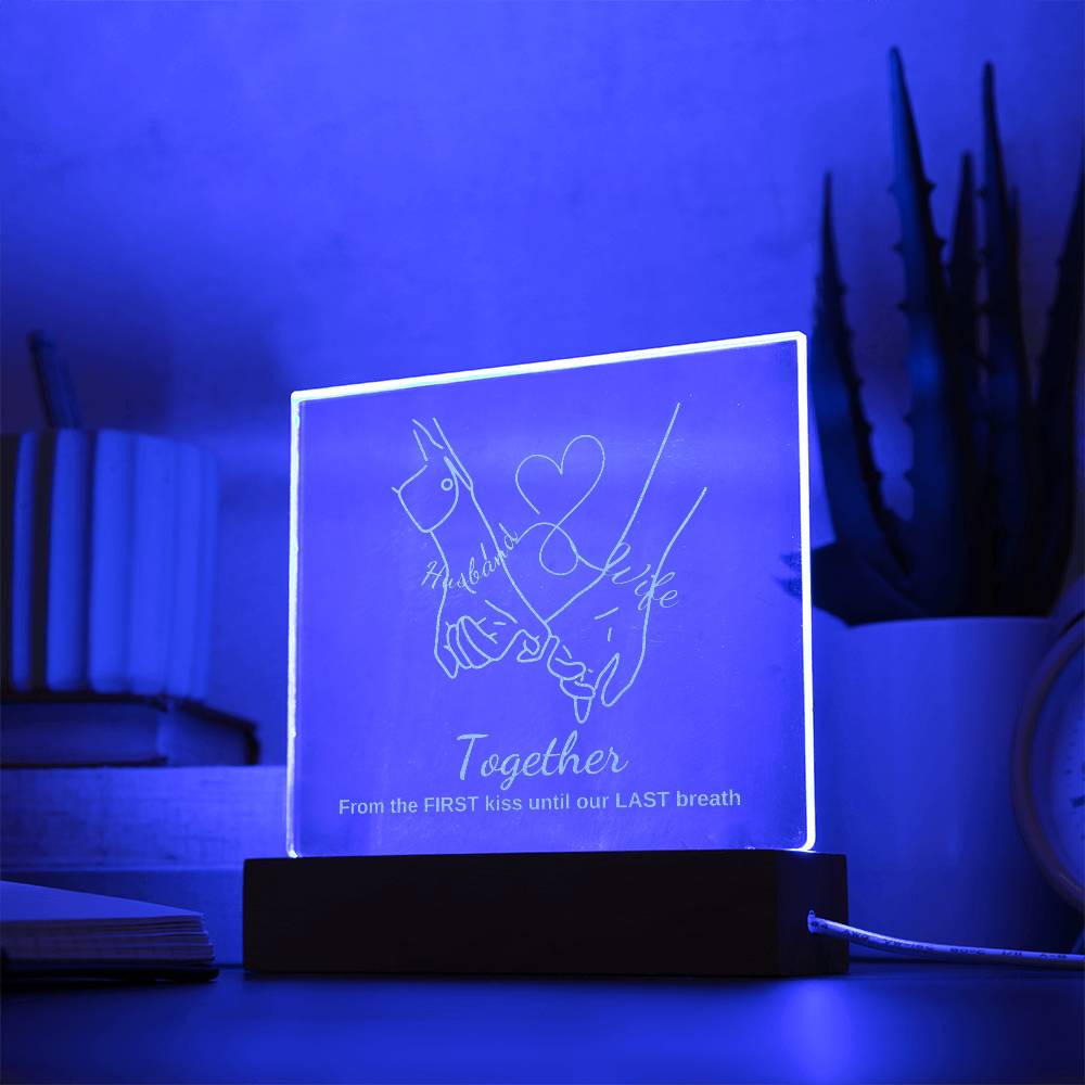 "They cried when they saw this!"  TOGETHER, Engraved Square Acrylic Plaque with LED Base.