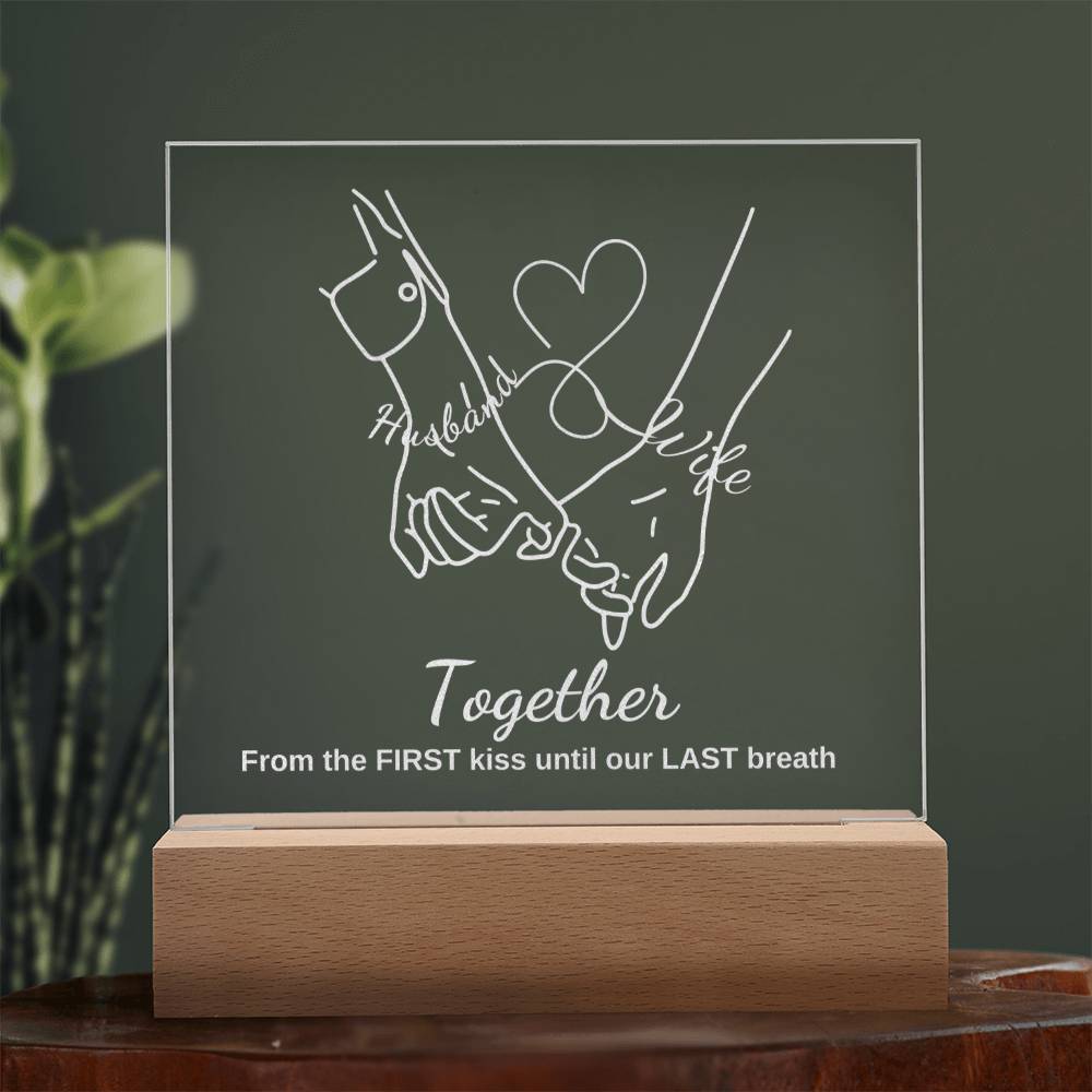 "They cried when they saw this!"  TOGETHER, Engraved Square Acrylic Plaque with LED Base.