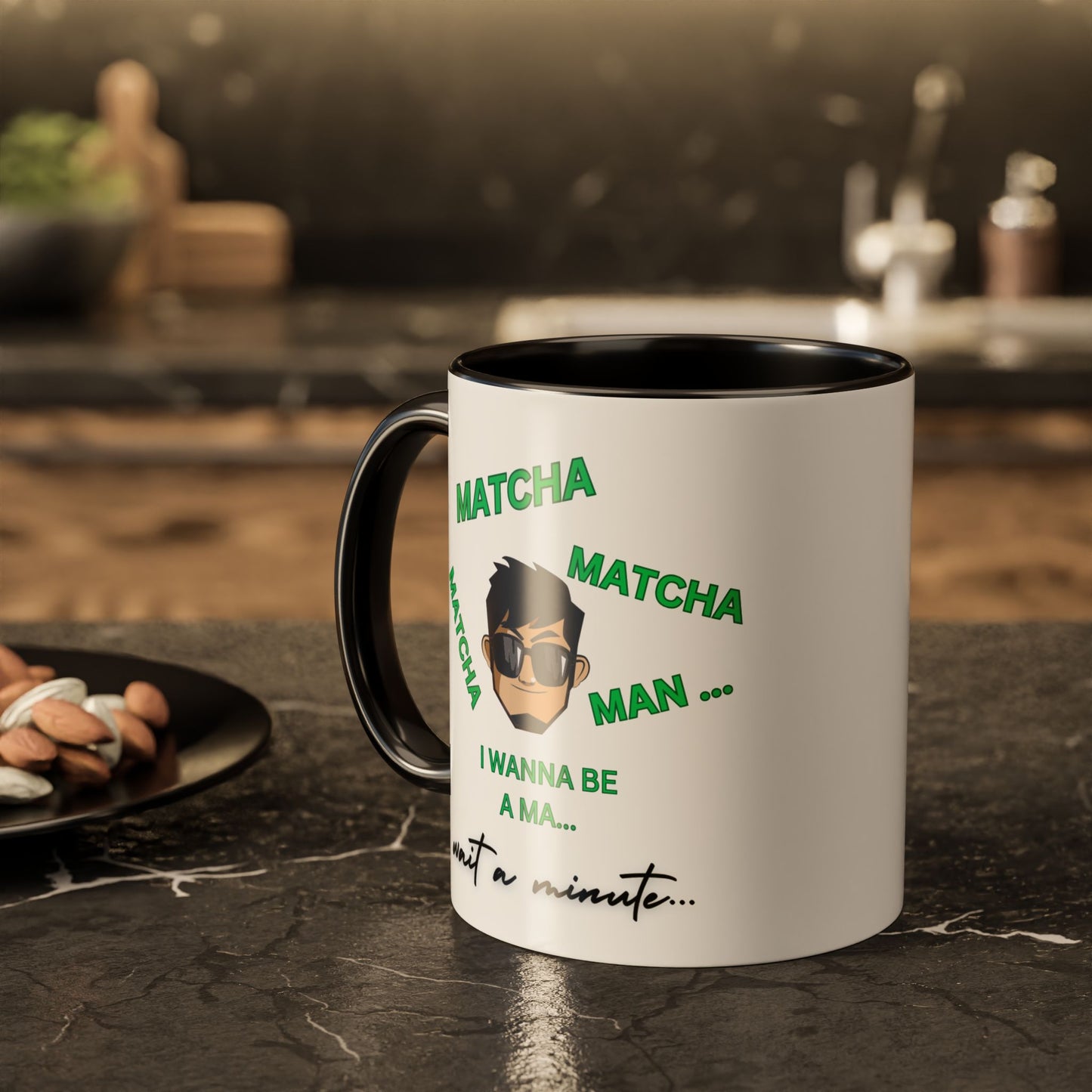 "Matcha Man-Java Joe" White Ceramic Mug with Color Accents (11oz, 15oz)