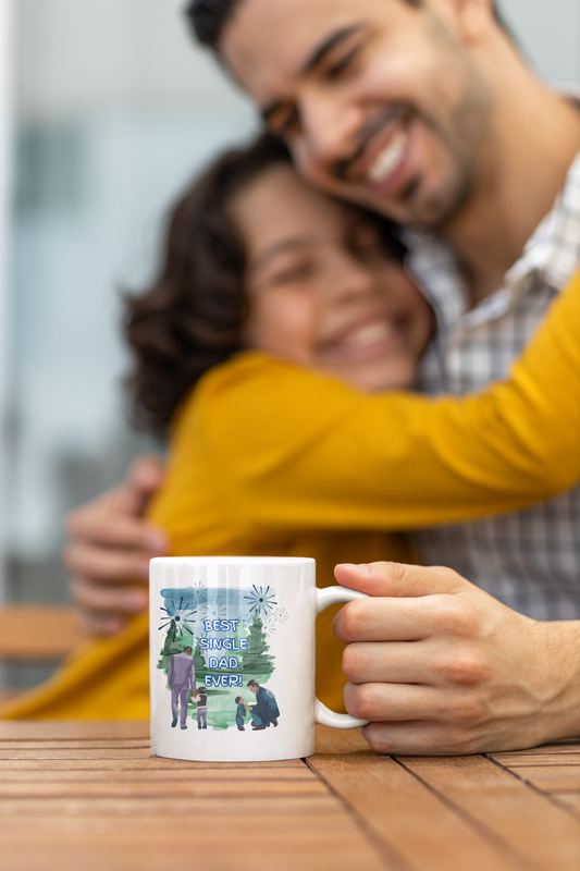 "Best Single Dad Ever"  Retro Nature Setting, White Ceramic Mug, (11 oz, 15 oz)