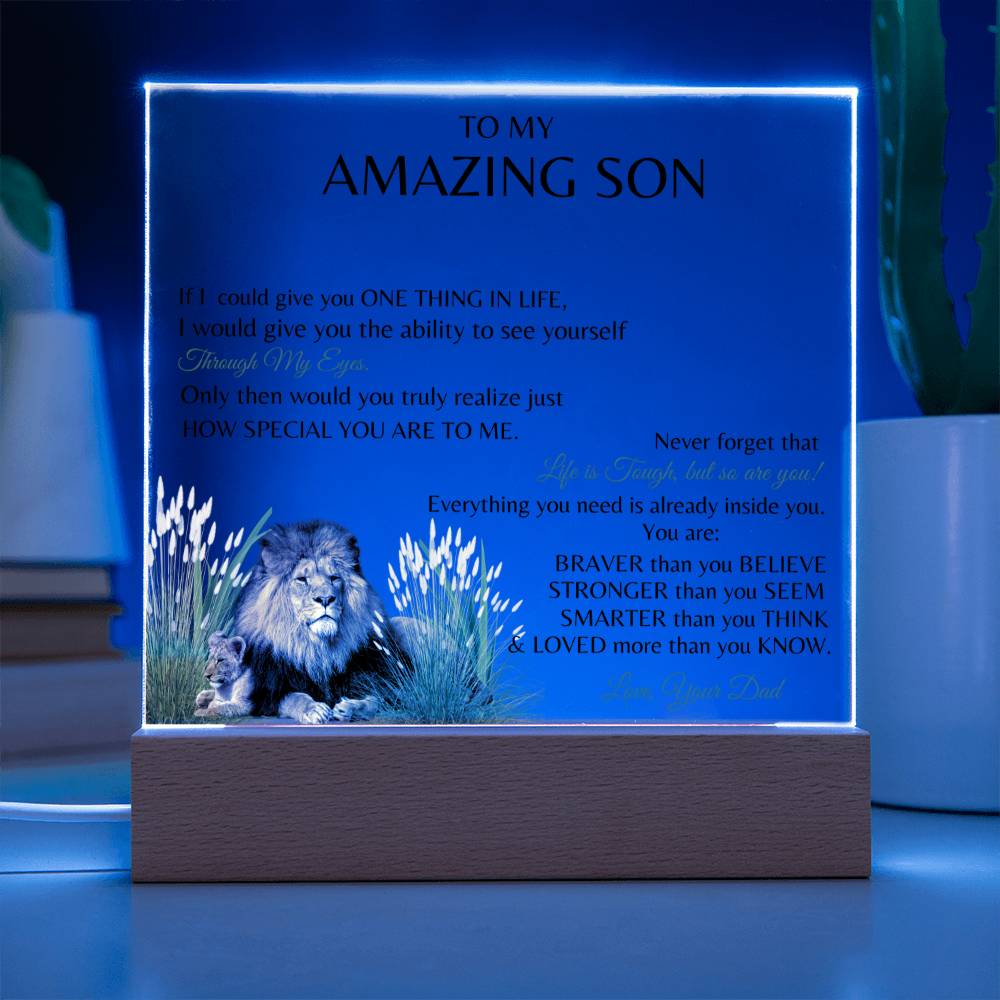 "To My Amazing Son-Love, Your Dad"  Papa Lion and Cub,  Square Acrylic  Plaque.  The words brought tears to his eyes.