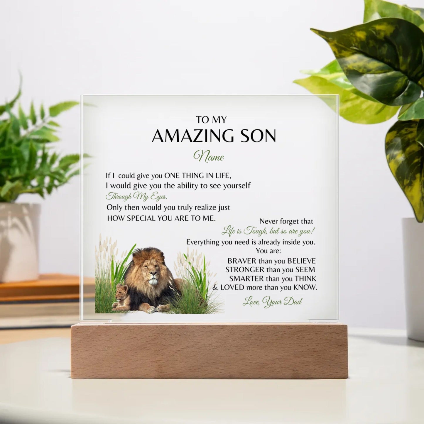 "To My Amazing Son-Love, Your Dad"  Papa Lion and Cub,  Square Acrylic  Plaque.  The words brought tears to his eyes.