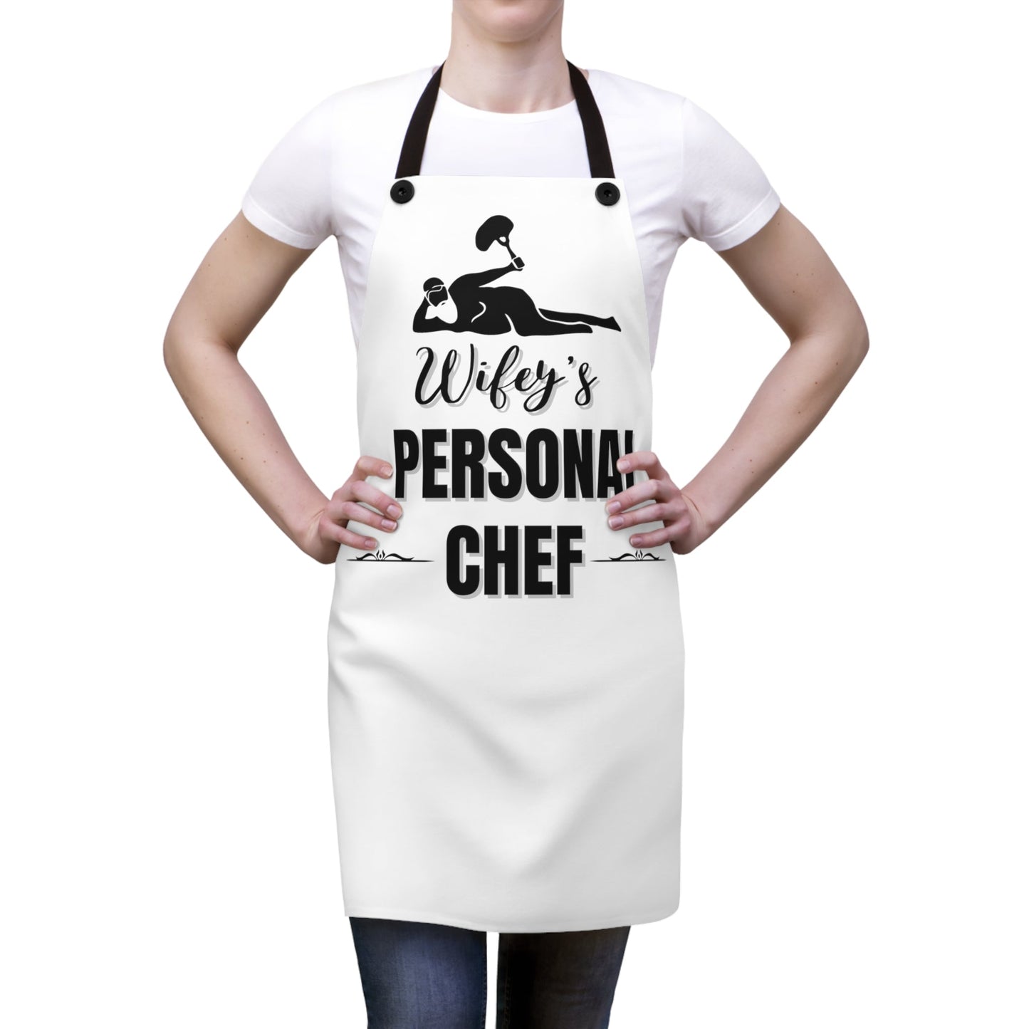 "Wifey's Personal Chef-Reclining Dad Bod"  White Apron with Black Detachable Straps.